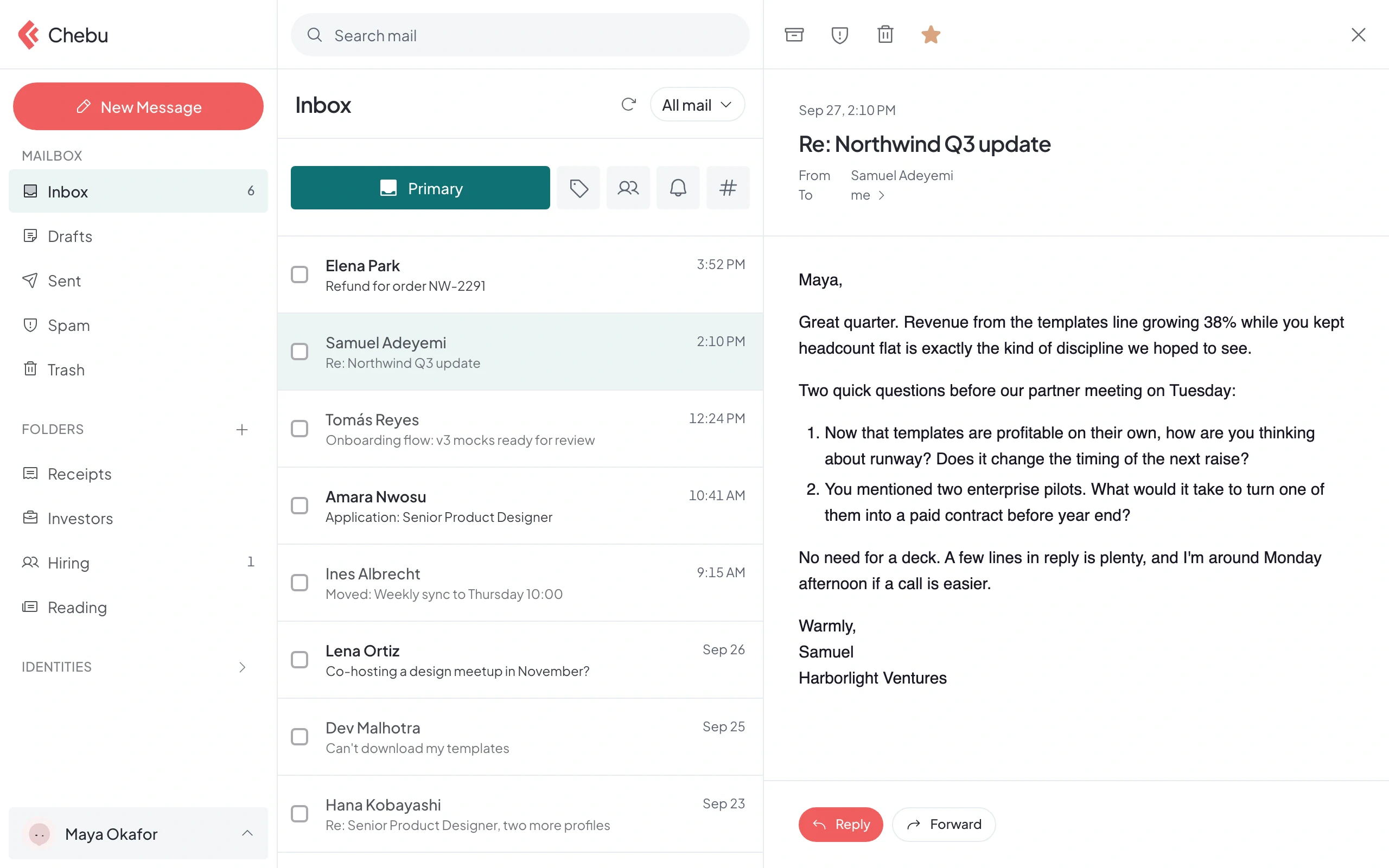 An investor email open in the Chebu reader